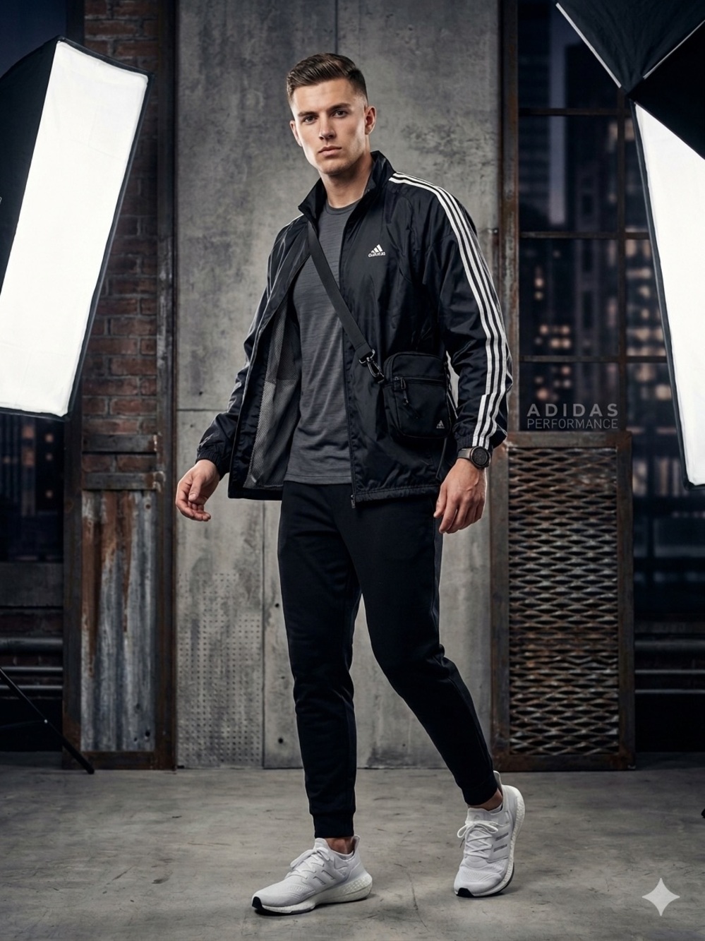 Adidas Men's Black Woven Windbreaker Jacket with Signature 3-Stripes